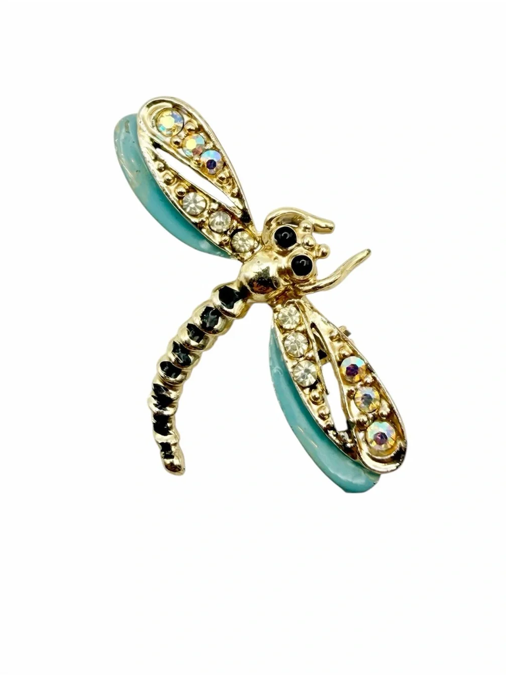 Vintage Gold Tone Rhinestone Enamel Dragonfly Brooch